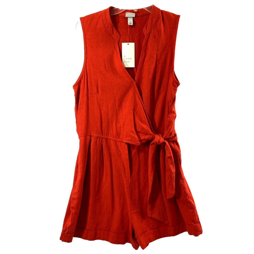 Womens Shorts Jumpsuit Size Medium‎ Red Wrap 1 Piece Romper Linen Blend NWT